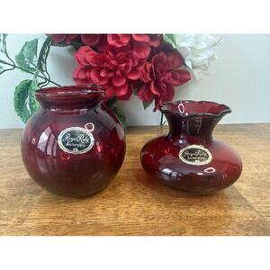 Vintage Anchor Hocking Royal Ruby‎ Glass Vases Pair MCM Holiday Decor Red Gift